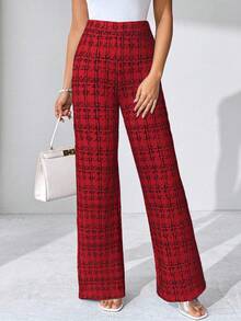 SHEIN Clasi 夏季优雅女士格纹印花弹力针织裤，适合各种场合，适合夏季度假、优雅旅行、日常通勤 - 紅色 - 查看 3