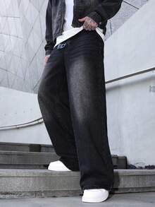 Manfinity Hypemode Men's Black Loose Fit Wide Leg Casual Jeans,Casual Street Style, All Season, Grunge - Black - View 4