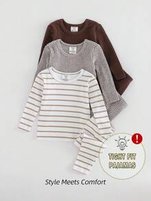 SHEIN 6pcs Baby Boy Minimalist Soft Comfortable Ribbed Solid Color Knitted Ribbed Long Sleeve Top And Pants Pajama Set, Cozy Sleepwear - Multicolor - View 1