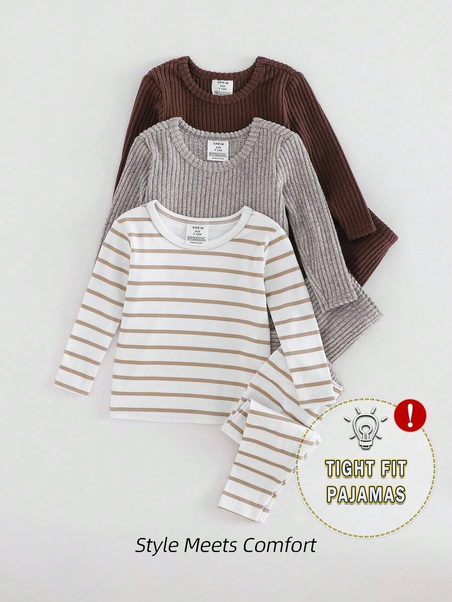SHEIN 6pcs Baby Boy Minimalist Soft Comfortable Ribbed Solid Color Knitted Ribbed Long Sleeve Top And Pants Pajama Set, Cozy Sleepwear - Multicolor - View 1