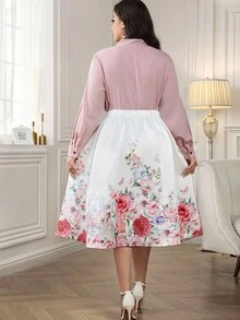 Ellevyn Multicolor Plus Size Woven Fabric Tie Neck Blouse And Plants Pattern Skirt Outfit - Multicolor - View 2