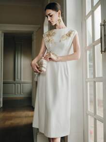 Anewsta Váy dự tiệc cocktail đính hoa đính đá không tay, eo thắt eo cho nữ - trắng - Xem 5