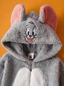 TOM & JERRY X SHEIN Young Boy Cute Cartoon Embroidered Coral Fleece Hooded Jumpsuit With 3D Ear Design Fall Winter