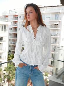 SHEIN LUNE Camicetta a maniche lunghe con scollo a V e pois bianchi, adatta per primavera/estate - Bianco - Visualizzare 1