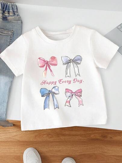 SHEIN 可愛寶寶女孩上衣，兩排四個彩色蝴蝶結，字母和可愛芭蕾風格設計，舒適短袖，適合日常穿著