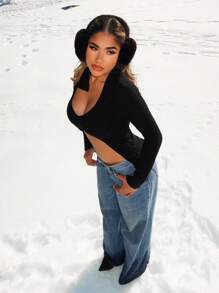 Zolique 女式黑色长袖V领优雅针织毛衣 - 黑色 - 查看 1