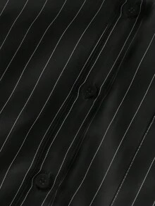 EMERY ROSE 休闲百搭时尚长袖单排扣翻领条纹女式衬衫，随机花卉图案 - 黑與白 - 查看 5