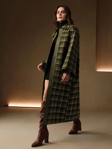 Anewsta Women's Elegant Classic Vintage Plaid Patchwork PU Leather High Collar Long Loose Wool Coat, Suitable For Halloween, Christmas, Fashion - Green - View 10