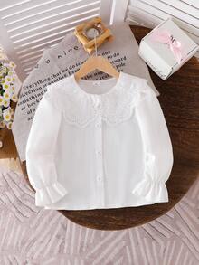SHEIN Elladie kids 1pc Girls' Pure White Lace Trim Casual Blouse, Delicate Ruffle Big Peter Pan Collar, Cute Everyday Versatile Shirt For Autumn Fall Winter - White - View 6