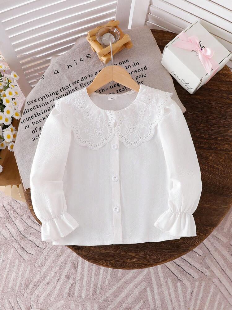 Elladie kids 1 Áo cánh ren trắng tinh khiết thường ngày cho bé gái, cổ Peter Pan lớn bèo nhún tinh tế, áo sơ mi dễ thương, đa năng cho mùa thu - trắng - Xem 6