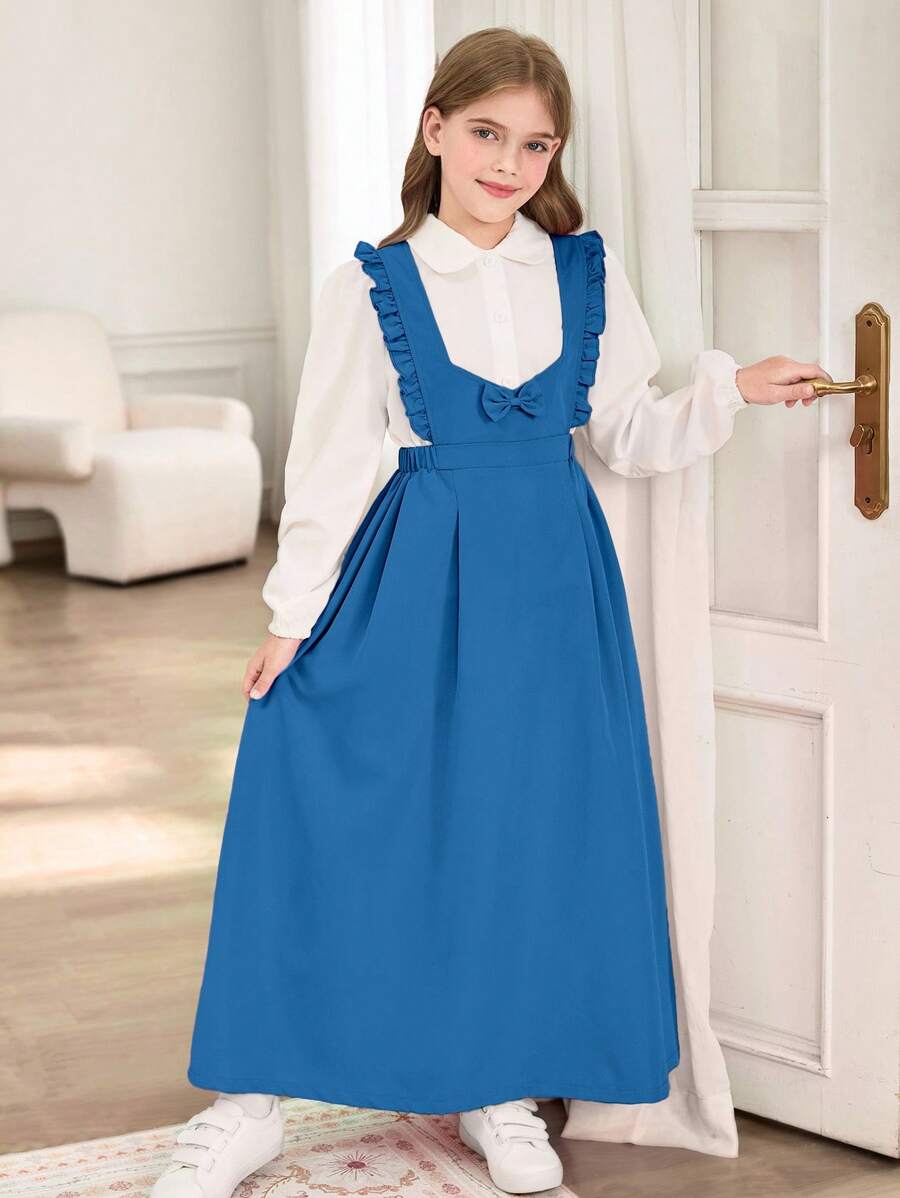 Set di gonna a balze con fiocco e bretelle e maglietta bianca per ragazze pre-adolescenti, stile casual da scuola, completo da divisa scolastica - Blu - Visualizzare 1