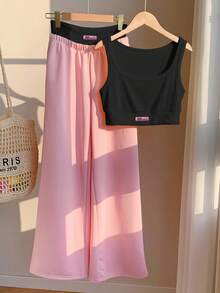 Comfortcana 2 pezzi/Set Top a canotta da donna con stampa a lettere e pantaloni a blocchi di colore a contrasto, crema giallo, completo per vacanze estive - nero - Visualizzare 4