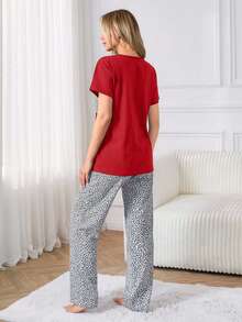 EURMUSE Cotton 2 Pcs Leopard Pocket Detail Short Sleeved Top Pattern Sleep Bottom Homewear Pajama Set Sleeping Dark Red White Animal Print Casual - Red - View 2