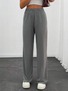 EURMUSE Casual Style, Shinny Rib Elasticated Belt Pant - Grey - View 4