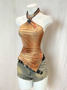 EgrlEra Women Summer Vacation Style Floral Print Ruched Asymmetrical Hem Open Back Fitted Halter Blouse - Coffee Brown - View 3