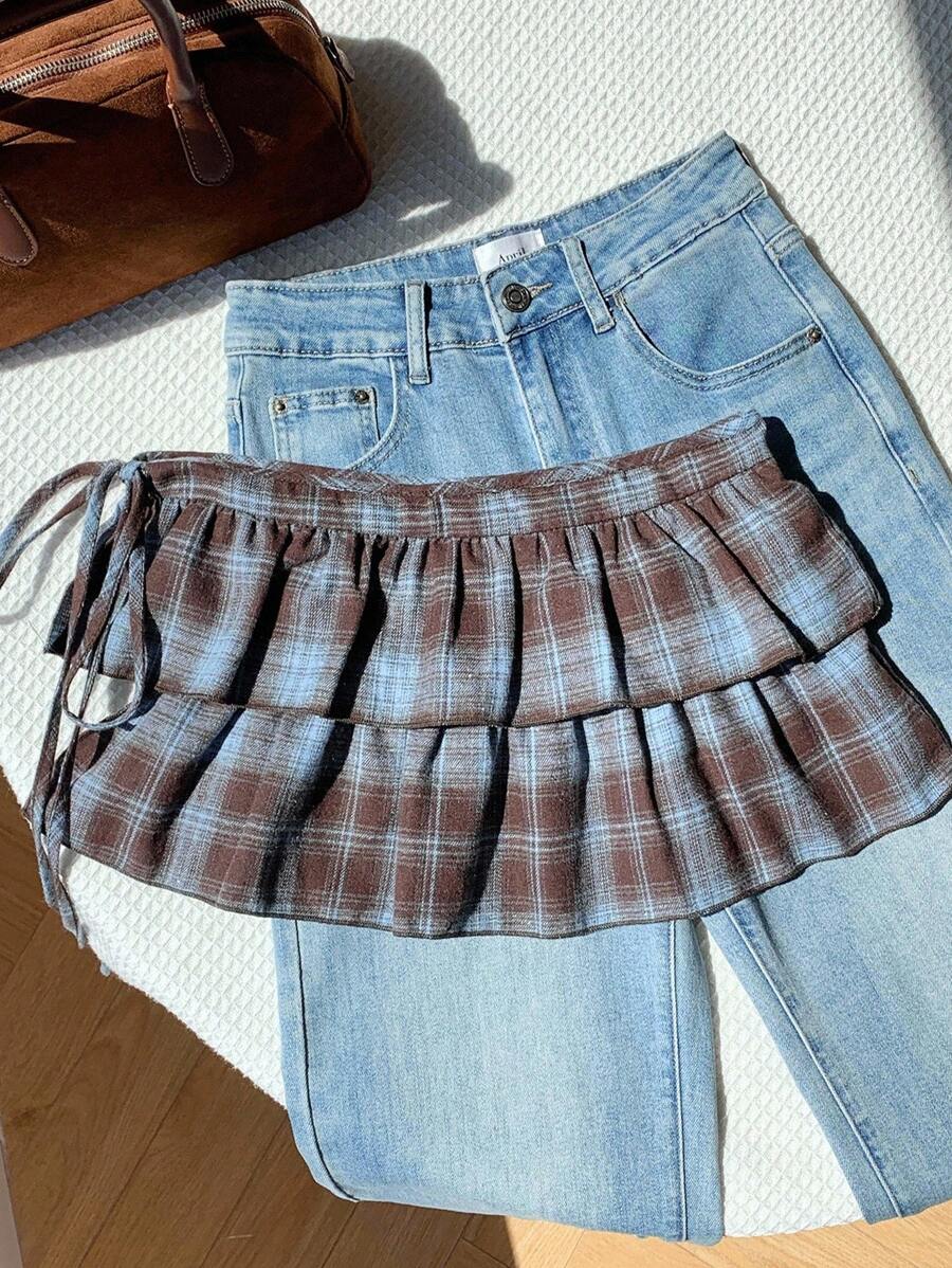 Comfortcana 女式休闲格子荷叶边下摆迷你裙，夏季 - 彩色 - 查看 1