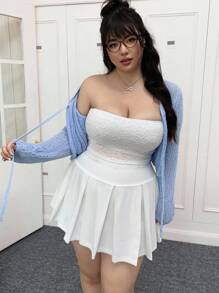 CovetEZ Plus Size Solid Color Tie-Up Knitted Cardigan, Spring/Summer In Fall/Winter - Baby Blue - View 4