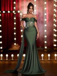 Glamrae 优雅、浪漫、端庄、奢华、绿色、亮片拼布、针织弹力面料、鱼尾下摆、拖尾、时尚、节日、度假、生日派对、婚礼活动、正式晚礼服（豪华版） - 橄欖綠 - 查看 8