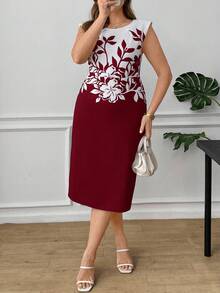 Reflora Gaun Musim Panas Wanita Ukuran Besar, Gaun Mini Bodycon Bermotif, Gaun Pas Badan yang Elegan - Burgundy - View 3