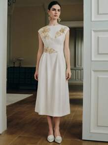 Anewsta Váy dự tiệc cocktail đính hoa đính đá không tay, eo thắt eo cho nữ - trắng - Xem 7