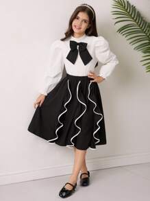 SHEIN 女童蝴蝶结装饰长袖衬衫和迷你裙两件套 - 黑與白 - 查看 4