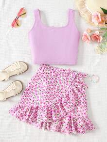 Tween Girl Matching Casual Minimalist Comfortable Round Neck Sleeveless Top And Ruffle Hem Skirt 2 Pieces Set - Mauve Purple - View 6