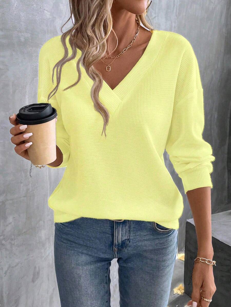 SHEIN LUNE 女式纯色V领落肩长袖休闲宽松T恤，秋季 - 黃色 - 查看 1
