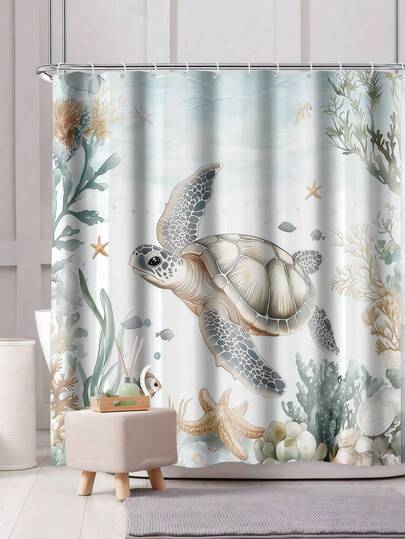 SHEIN 1pc Sea Turtle Printed Waterproof Bath Curtain, Ocean Themed Decorative Hangings With 12 Hooks, Polyester Fabric, Machine Washable, Unlined Woven Shower Curtain For Bathroom Decor, Apartment,
