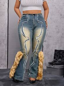SHEIN Unity Plus Size Fashionable Vintage Fuzzy Patch Decorated Denim Jeans Fur Trim Jeans - Blue - View 8