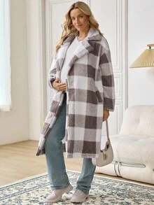 SHEIN Maternity Casual Plaid Regular Jacket, Autumn/Winter - Khaki - View 5