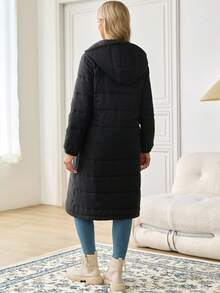 SHEIN 孕妇纯色长袖拉链长款连帽休闲冬季夹克 - 黑色 - 查看 2