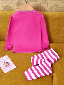 Astro Boy X SHEIN 2 peças/Conjunto Camiseta de Manga Longa com Gola Redonda e Estampa Fofa de Menina Cartoon & Letra e Legging Listrada, Pijama Casual e Confortável, Primavera/Outono