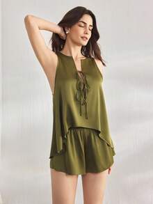 Ocili Bộ đồ ngủ thoải mái bằng vải satin rút dây kiểu vest dành cho nữ - xanh quân đội - Xem 5