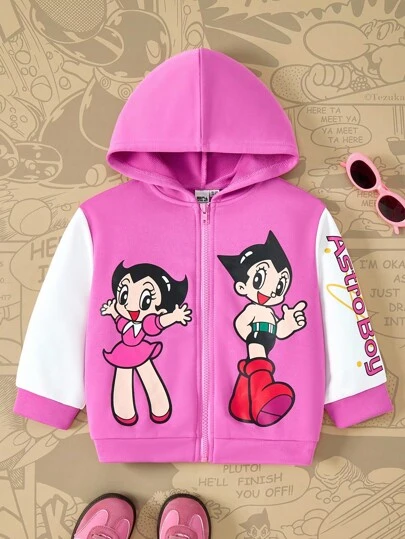 Astro Boy X SHEIN Young Girl Cartoon Figure Graphic Hooded Zip-Up Long Sleeve Knit Casual Sports Jacket