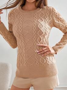 SHEIN Tall Tall Size Women Round Neck Cable Knit Sweater For Autumn And Winter - Apricot - View 3