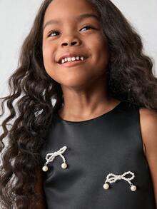 Maija Kids Maija Kids Young Girl Round Neck Pearl Bow Decor Dress Pearl Dress Young Girls Bow Dress Young Girls Dress - Black - View 3