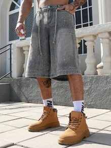 ROMWE MEN Street Life Herren Weite 3/4 Hose aus Denim mit funkelnden Strass-Verzierungen - Blau - Übersicht 6