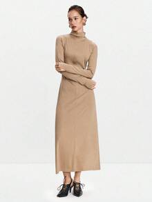 Lumivelle Vestido ajustado de cuello alto y unicolor con diseño en los hombros para mujer - Caqui - Ver 1