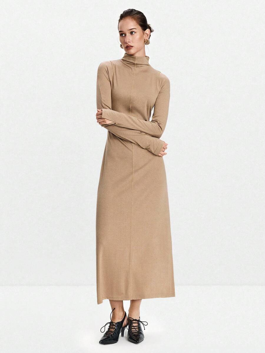 Lumivelle Vestido ajustado de cuello alto y unicolor con diseño en los hombros para mujer - Caqui - Ver 1