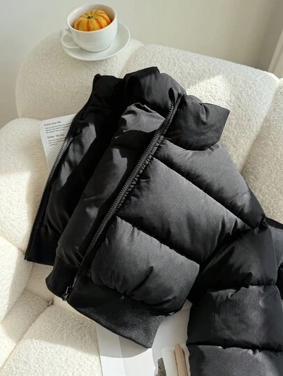 SHEIN 女童黑色立领直筒短款棉衣，适合秋冬季