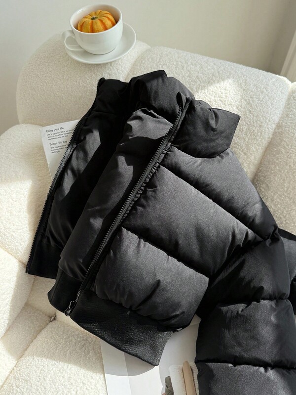 SHEIN Girls' Black Stand Collar Straight Short Padded Coat, Suitable For Autumn/Winter Fall