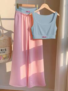 Comfortcana Bộ 2 món/Bộ đồ nữ áo hai dây in chữ & quần màu tương phản, màu vàng kem, trang phục nghỉ hè - Nhiều màu - Xem 4