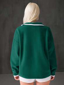 EURMUSE 女士、秋季、冬季、运动衫、蓝色、蕾丝撞色、超大、拉链、口袋 - 綠色 - 查看 6