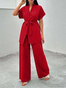 EURMUSE Casual Solid Color Shirt & Pants Set - Red - View 6