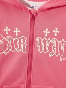Sparklyn Tween Girl 1pc Letter Graphic Zip Up Thermal Lined Sweatshirt - Pink - View 4