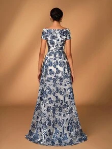 Serin 优雅奢华提花欧根纱露肩花卉长裙，适合婚礼、派对、度假、舞会、新娘和母亲的晚礼服 - 藏蓝色 - 查看 4