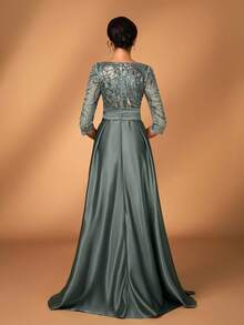 Serin Elegante y lujoso vestido de manga larga transparente con bordado de encaje floral, perlas y lazo con diamantes, con vuelo. Adecuado para boda, fiesta, vacaciones, baile de graduación, vestido de noche para novia, madre de la novia