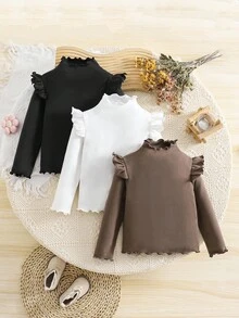 SHEIN Young Girl Solid Color Knit Long Sleeve T-Shirt, Cute & Versatile, Autumn/Winter Fall - Brown - View 6