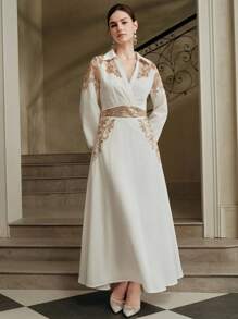 Anewsta 女士串珠衬衫裙，优雅高端奢华感，流行款式 - 白色 - 查看 4