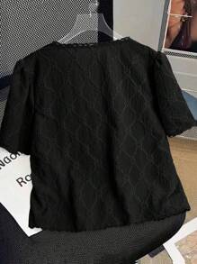 GlowEve CURVE Plus Size Women's Pink Simple Embroidered V-Neck Short Sleeve Blouse, Suitable For Commuting - Black - View 2